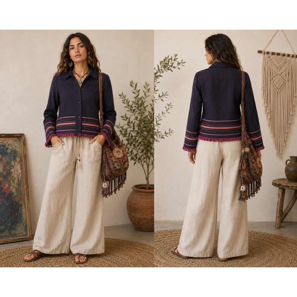 ADDA Collection Colorful Plum Boho Jacket Women's 42 (8) Fringe Whimsy Cottage